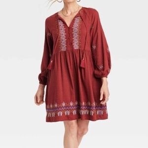 Knox Rose Balloon Long Sleeve Embroidered Mini Dress Maroon Tassel Tie Neckline